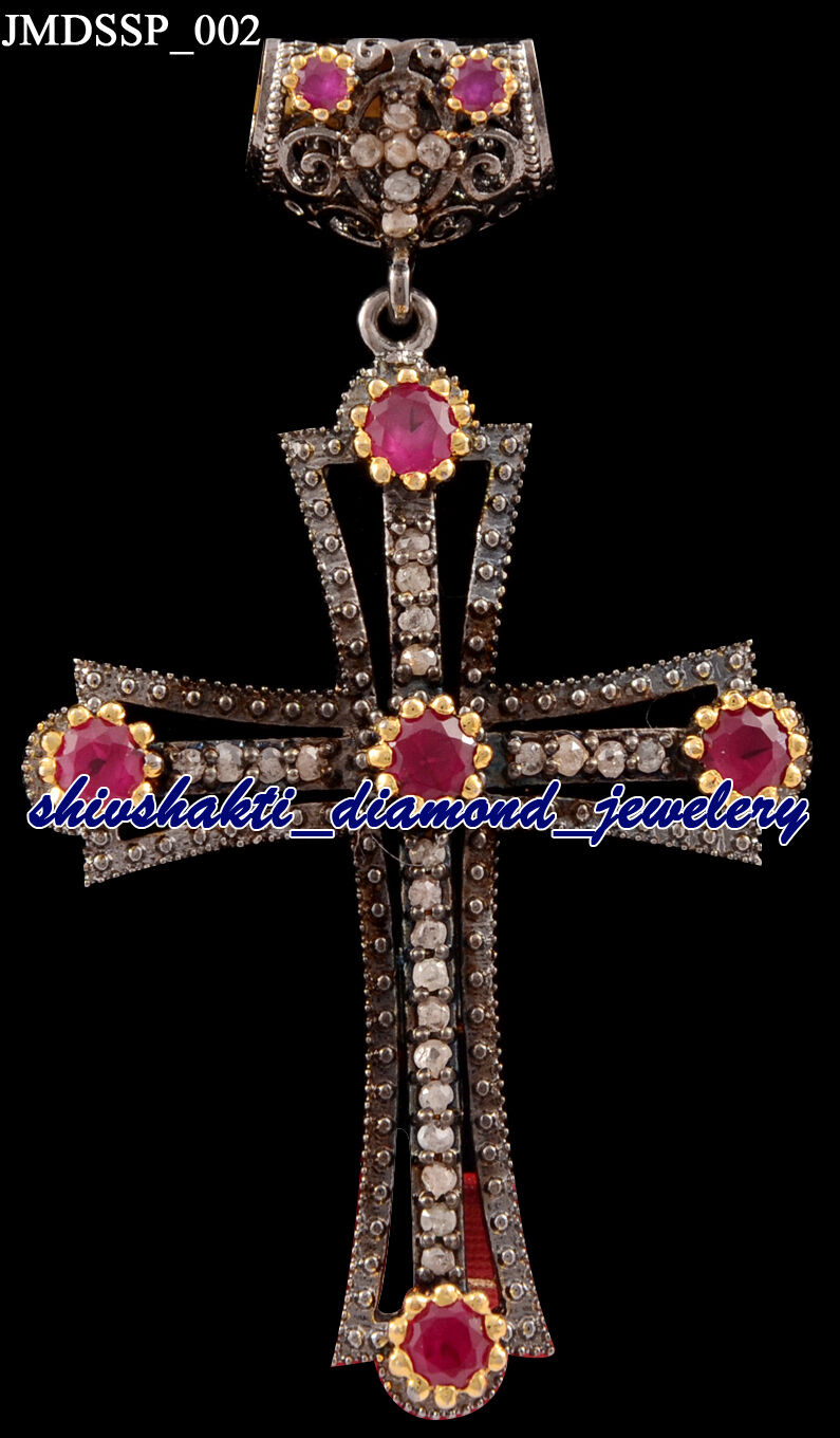 10.30ct Rose Cut Diamond Ruby Antique Victorian Wedding 925 Silver Cross Pendant