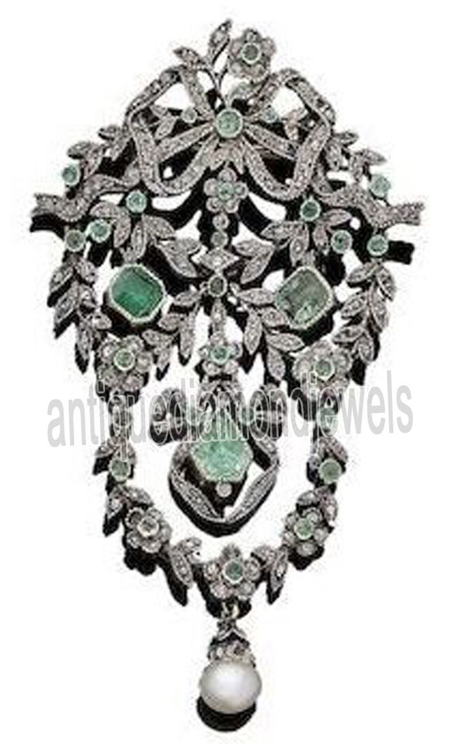 4.70ct Rose Cut Diamond Emerald Pearl .925 Sterling Silver Victorian Lookpendant
