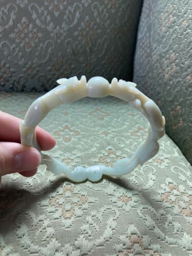 Large Mutton Fat Nephrite White Jade Dragon Chasing Pearl Bangle 80mm