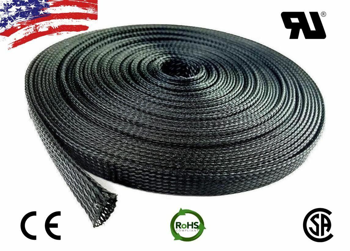 50 Ft 3/8" Black Expandable Wire Cable Sleeving Sheathing Braided Loom Tubing Us