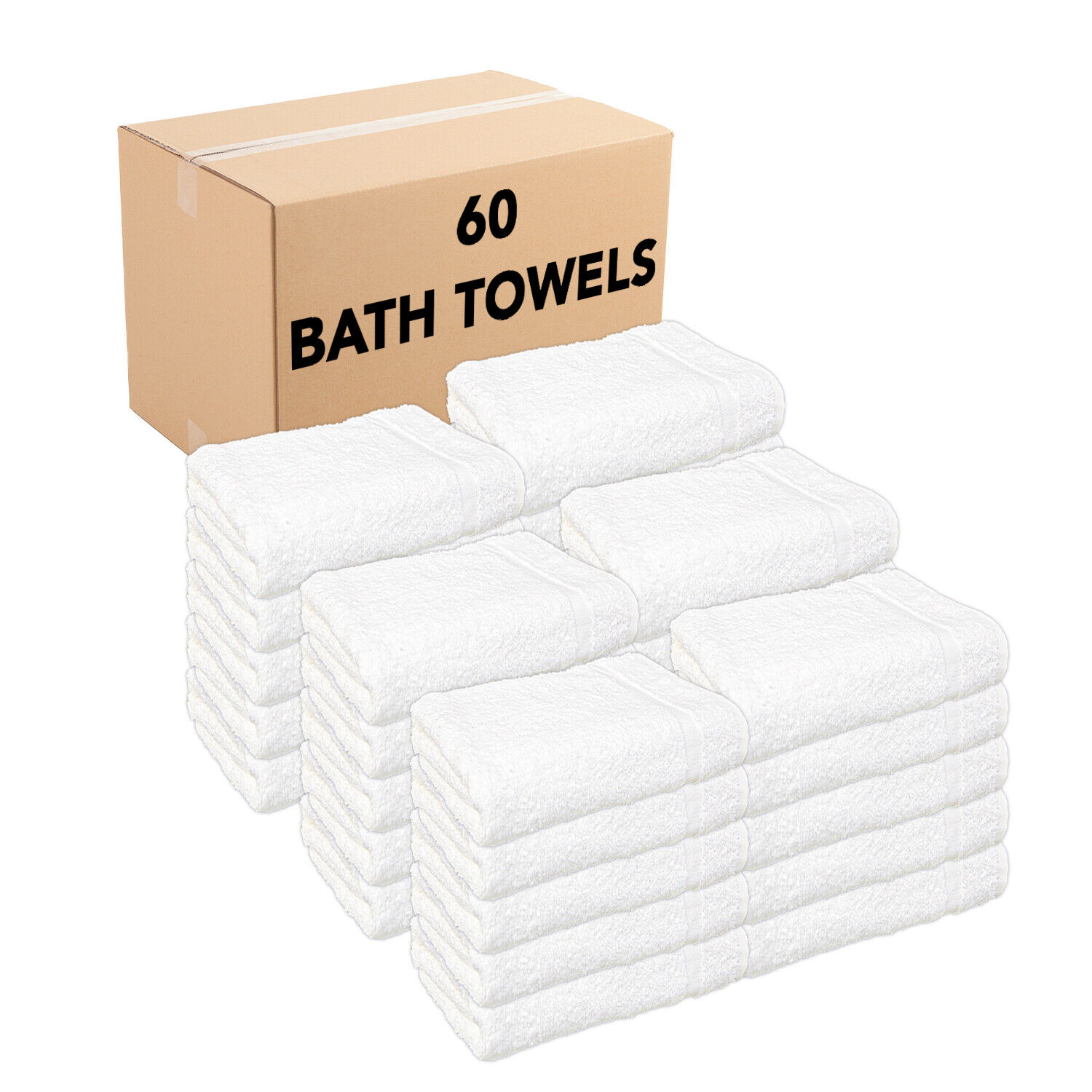 Bulk Case Of 60 Cotton Bath Towels - White Bathroom Wholesale 24x48 Cam Border